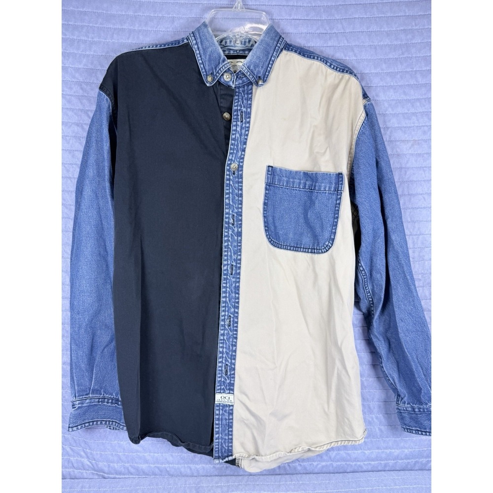 Vintage 90s Colorblock Denim Shirt Men's Sz M Button Down 100% Cotton Navy Tan